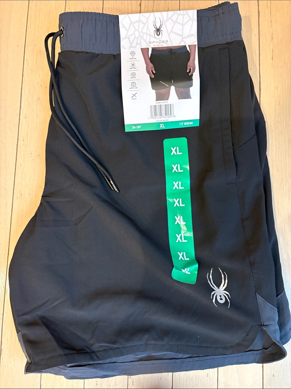 NWT Men’s Spyder Black and Gray Athletic Swim Shorts with Drawstring - XL